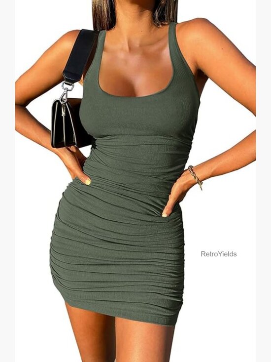 Dresses & Skirts - Scoop Neck Bodycon Mini Dress Sleeveless Ruched Ribbed Knit Party Club
